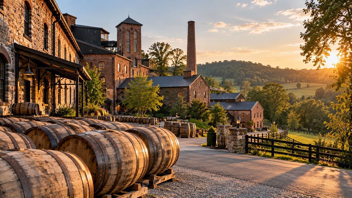 Historic-style Kentucky bourbon distillery with oak barrels, brick buildings and rolling green hills at sunset.