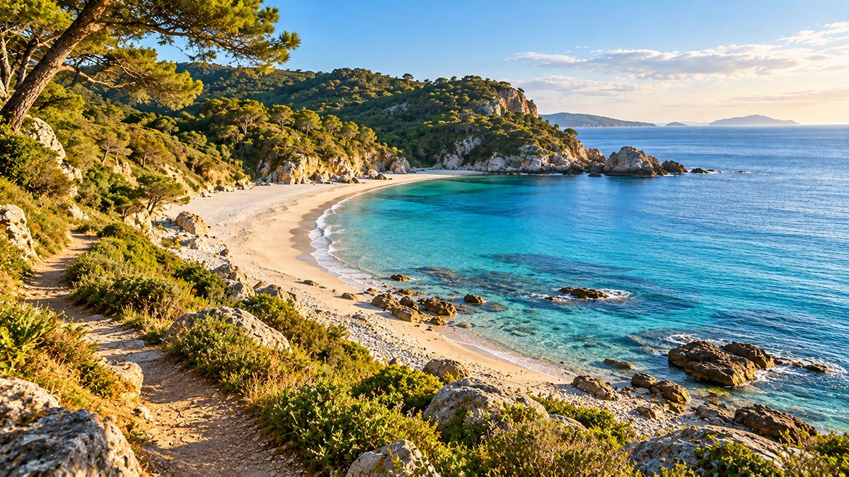 Secluded crescent-shaped beach with turquoise water, rocky shoreline and lush green coastal hills.