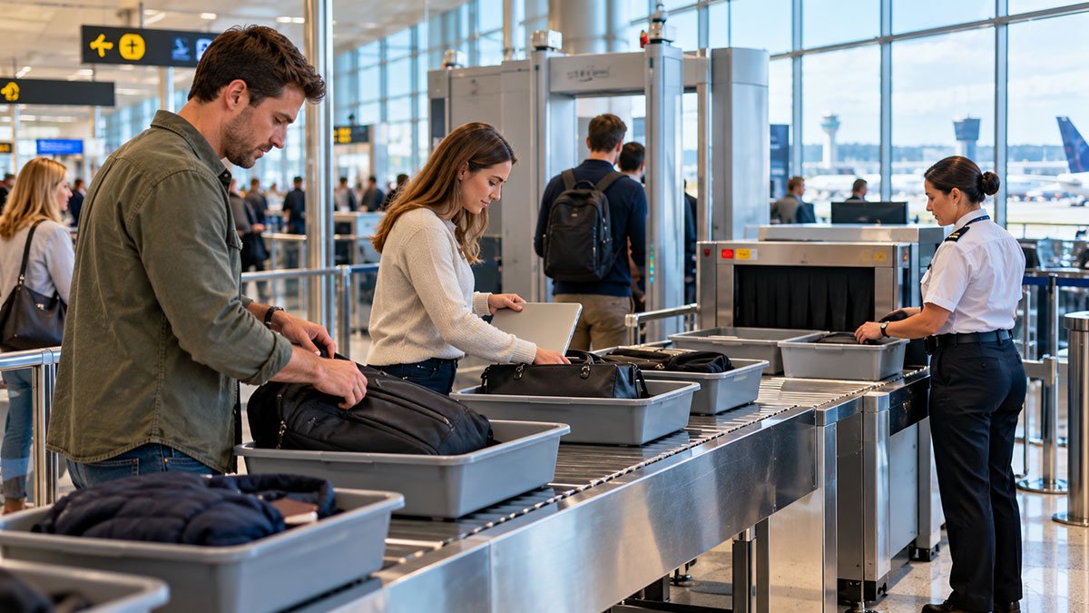 Travelers placing carry-on bags in security trays at a modern international airport checkpoint with screening equipment and airport staff.