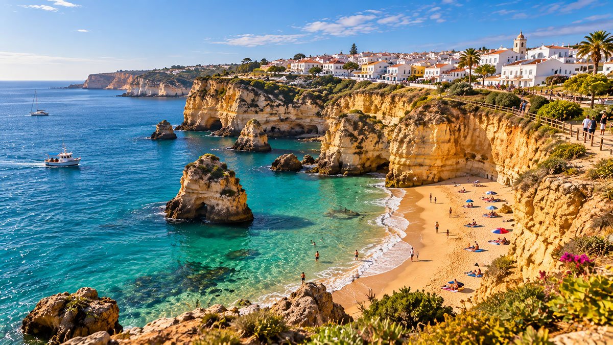 Algarve beach with golden cliffs and turquoise Atlantic waters