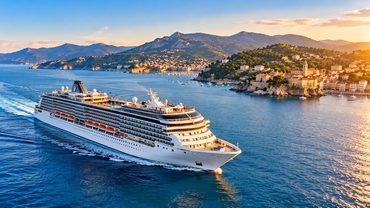 Modern cruise ship sailing across blue ocean water past a coastal town backed by green hills and mountains.