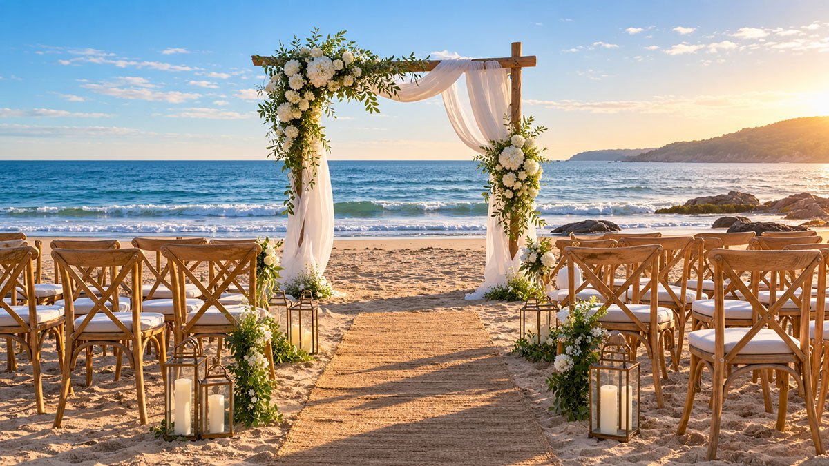 Elegant beach wedding ceremony with a floral arch, wooden chairs and ocean views at sunset.