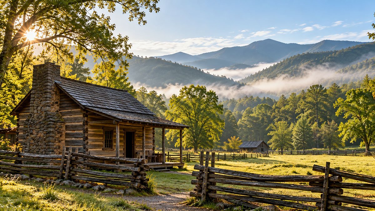 Historic Appalachian log cabin surrounded by a split-rail fence and misty mountains in Great Smoky Mountains National Park.