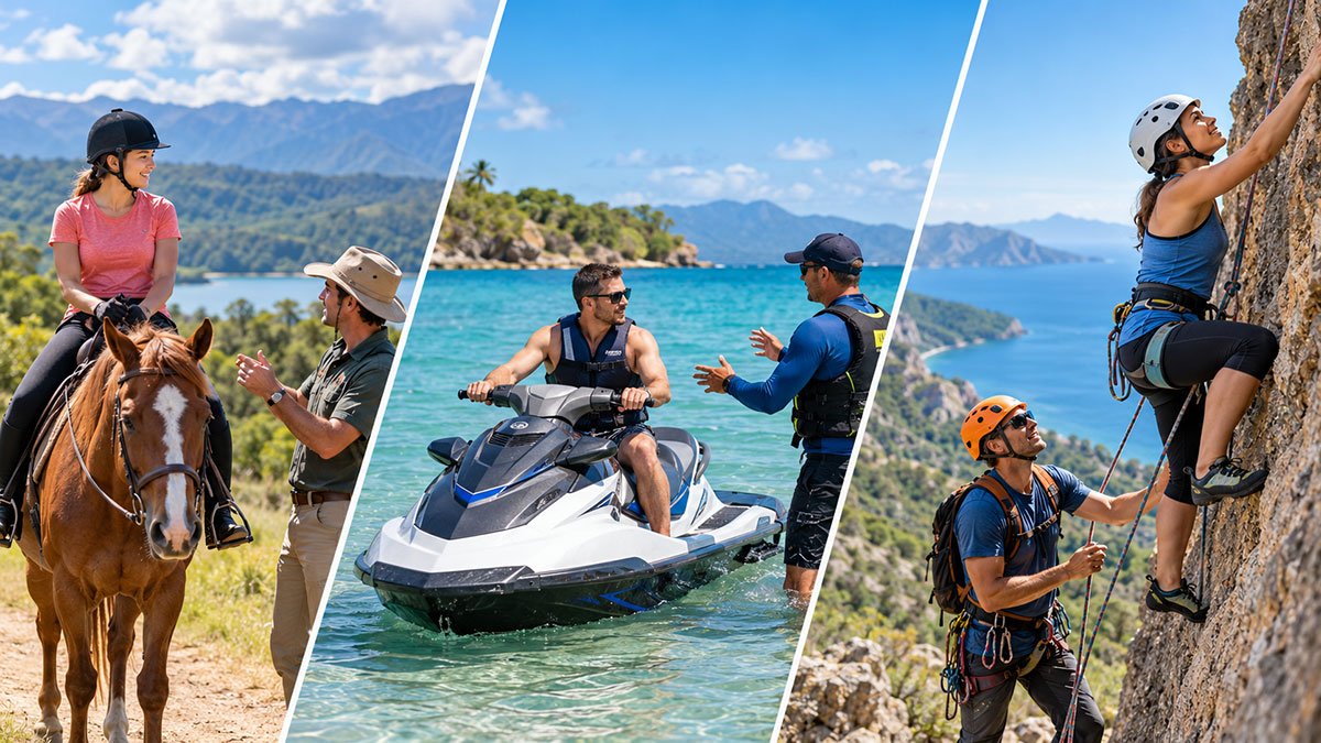 Travelers enjoying adventure sports safely, with guided horse riding, jet-ski instruction and supervised rock climbing.