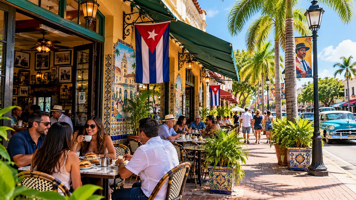 Outdoor Cuban café in Miami’s Little Havana with palm trees, colourful storefronts, Cuban flags and visitors dining at street-side tables.