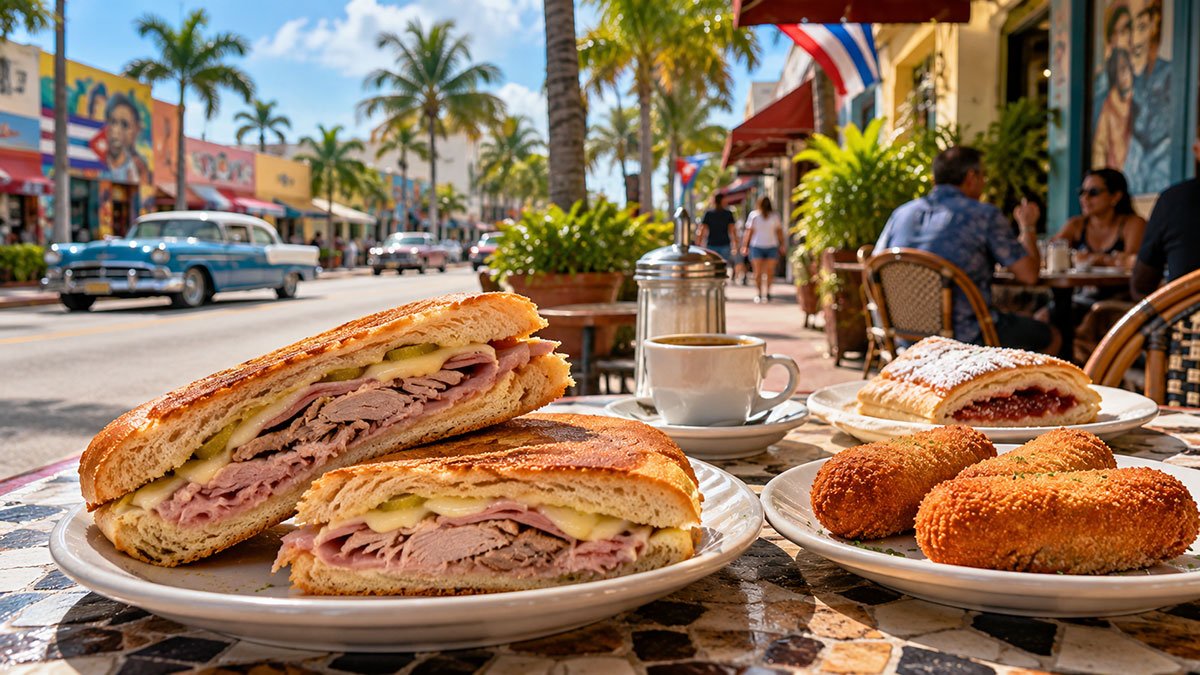 Cuban sandwich, golden croquetas, Cuban coffee and guava pastry at an outdoor café in Miami's Little Havana.