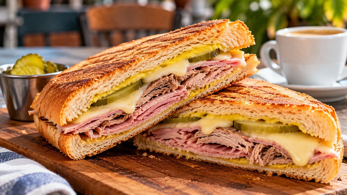 Pressed Cuban sandwich filled with roasted pork, ham, melted Swiss cheese, pickles and mustard.