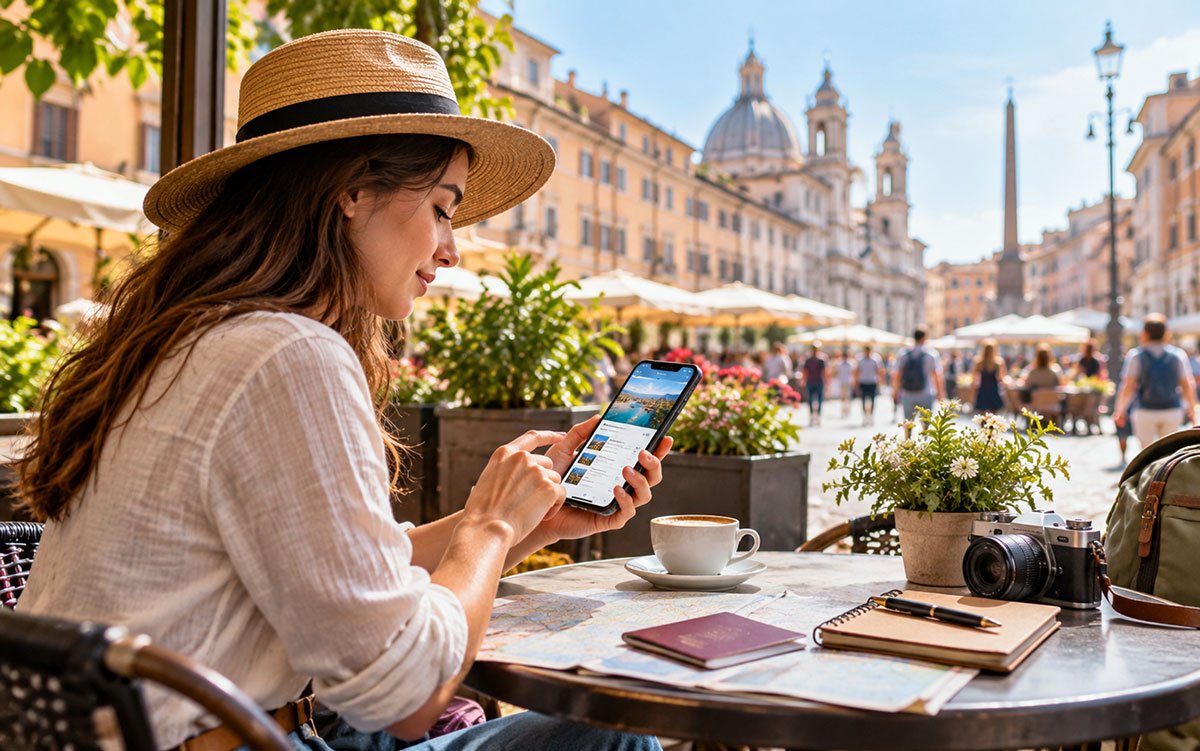 Traveler using a smartphone to plan an affordable vacation at an outdoor European café with a map and travel notebook.