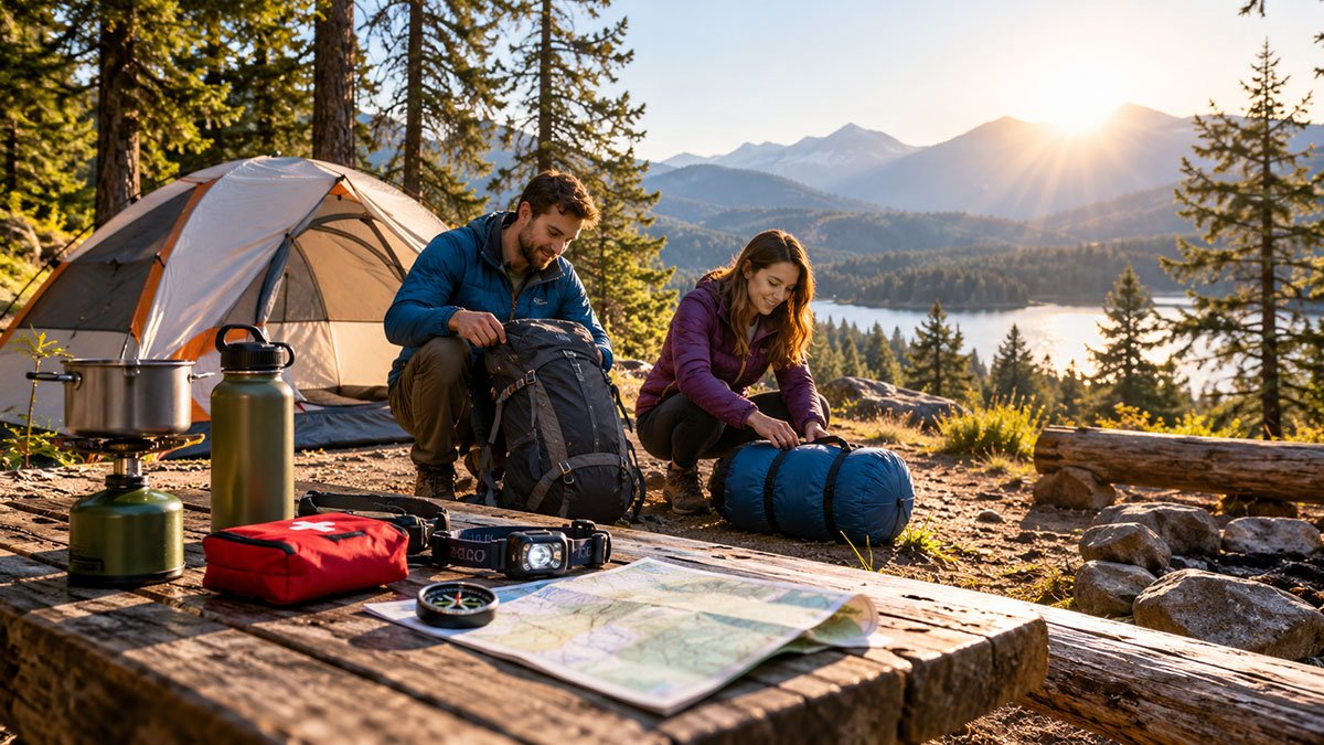 Camping checklist essentials arranged at a tent in a scenic forest campsite.