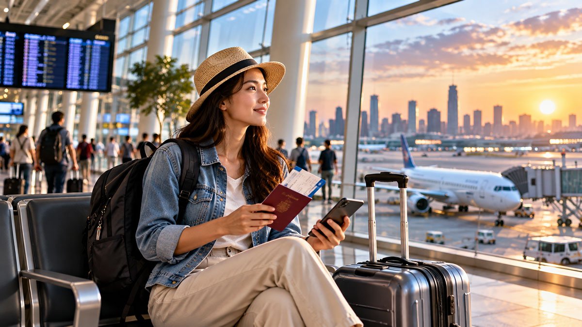 Traveler preparing for an international holiday at an airport