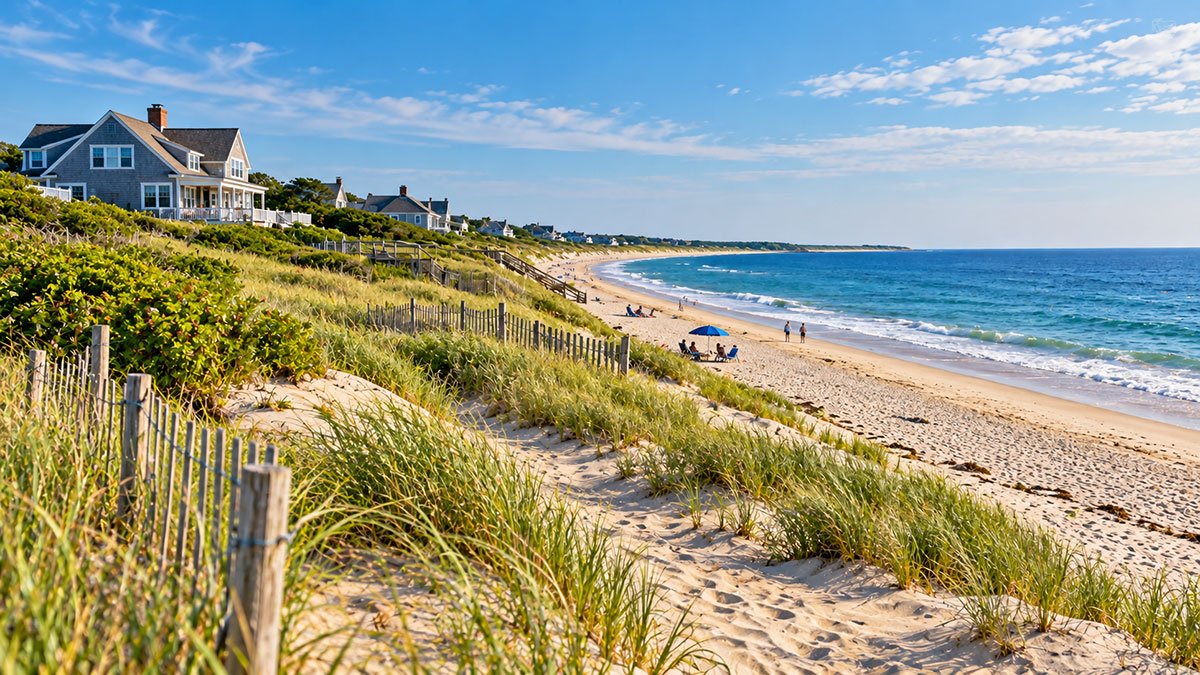 Sandy beach, grassy dunes and traditional coastal houses along the Cape Cod shoreline in Massachusetts.