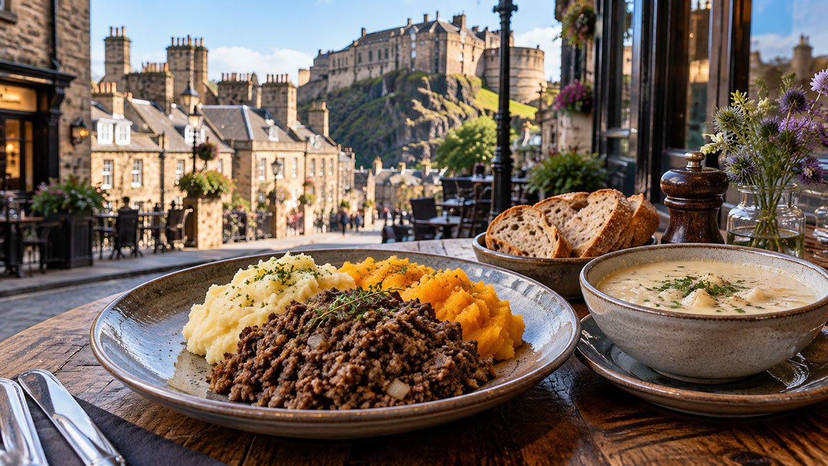 Traditional haggis with neeps and tatties served beside a bowl of Cullen skink and rustic bread at an Edinburgh-style restaurant.