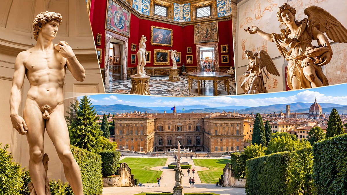 Museums of Tuscany featuring Renaissance sculptures, ornate art galleries and historic palace gardens in Florence, Italy.