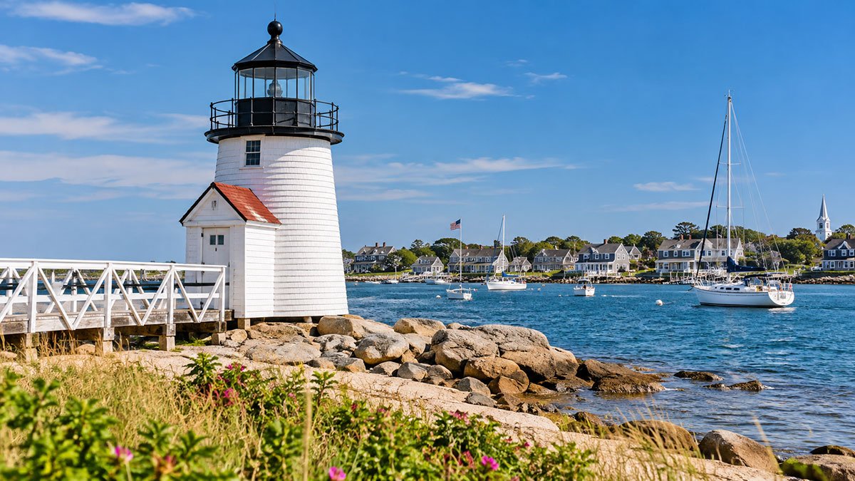 Brant Point Lighthouse overlooking Nantucket Harbor with sailboats and traditional New England coastal homes.