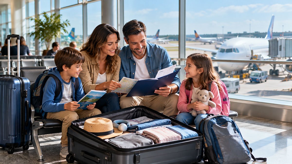 Parents and children reviewing travel documents and preparing luggage in an international airport departure lounge.