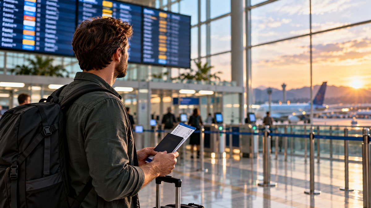 Traveler checking passport and travel documents at an international airport
