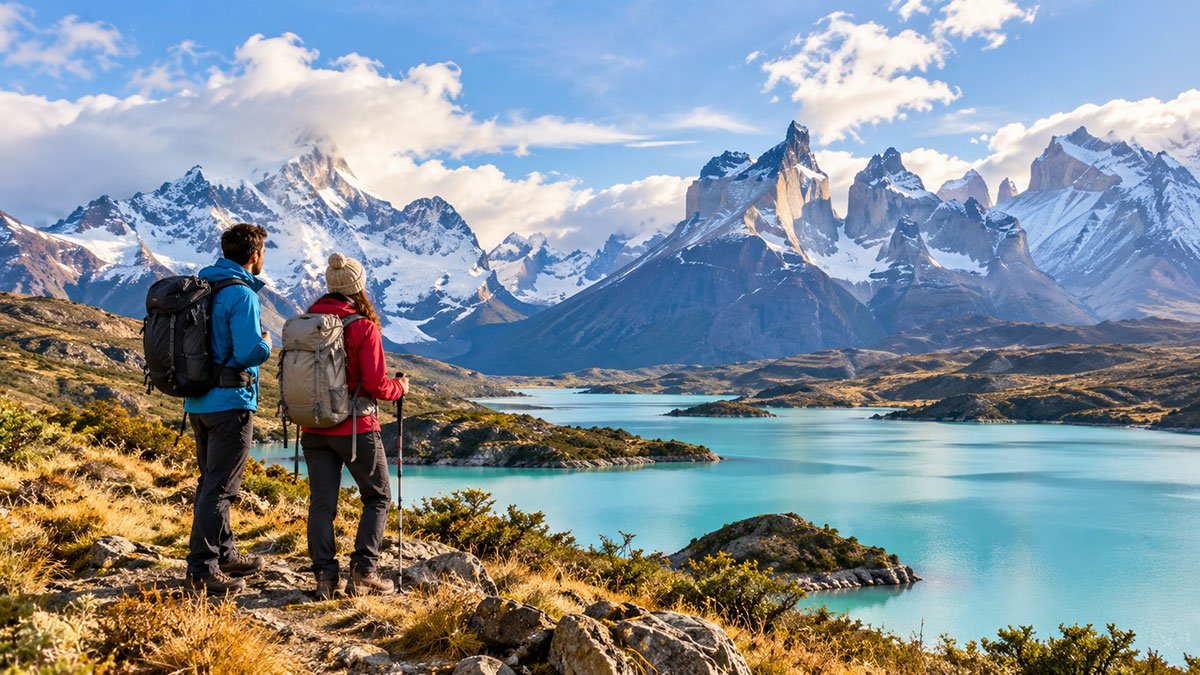 Travelers overlooking a dramatic Patagonian mountain and glacial lake landscape