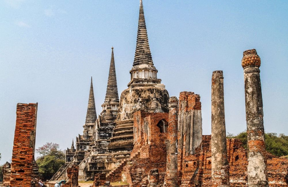 Three historic bell-shaped chedis and ancient brick ruins at Wat Phra Si Sanphet in Ayutthaya Historical Park, Thailand.