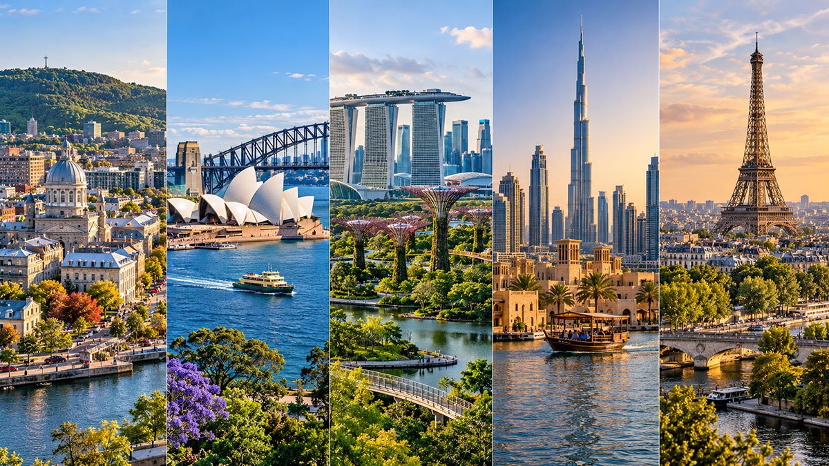 Panoramic collage of Montreal, Sydney, Singapore, Dubai and Paris showcasing five beautiful cities for expats.