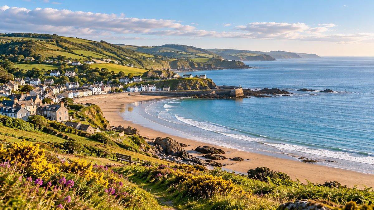 Panoramic view of a sandy beach, coastal village and rolling green hills along Cardigan Bay in Mid Wales.