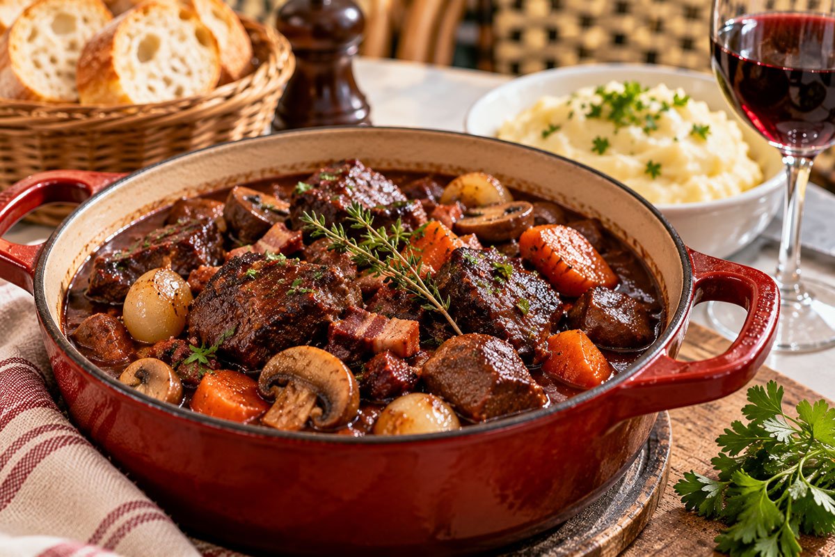 Traditional boeuf bourguignon with slow-cooked beef, mushrooms, carrots and pearl onions in a rich red wine sauce.
