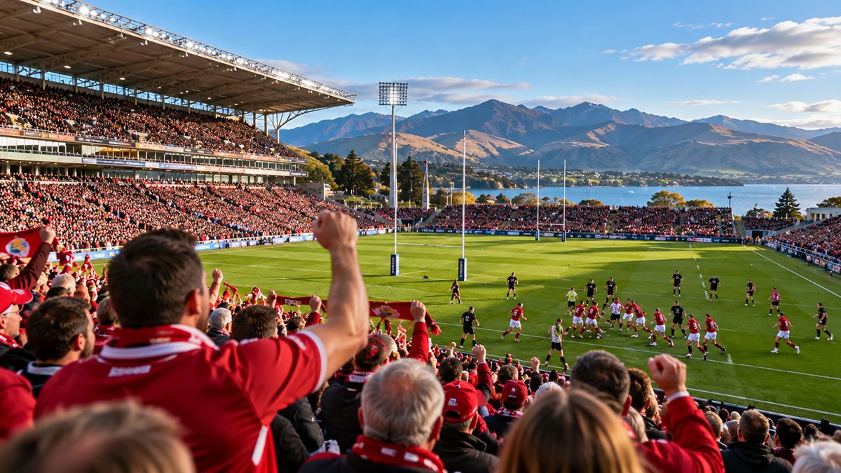 Rugby supporters cheering at a packed stadium during an international rugby match in a scenic New Zealand setting.