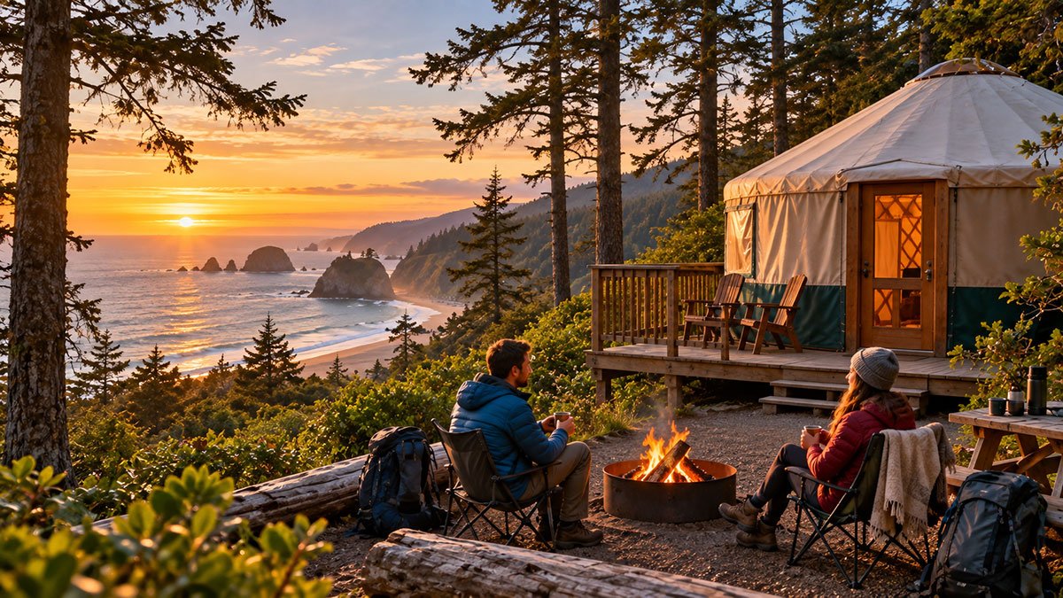 Yurt camping on the Oregon Coast surrounded by forest and nature