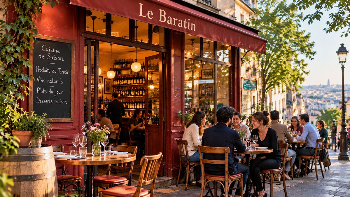 Parisian neighbourhood bistro with a red awning, outdoor café tables and diners enjoying a meal.