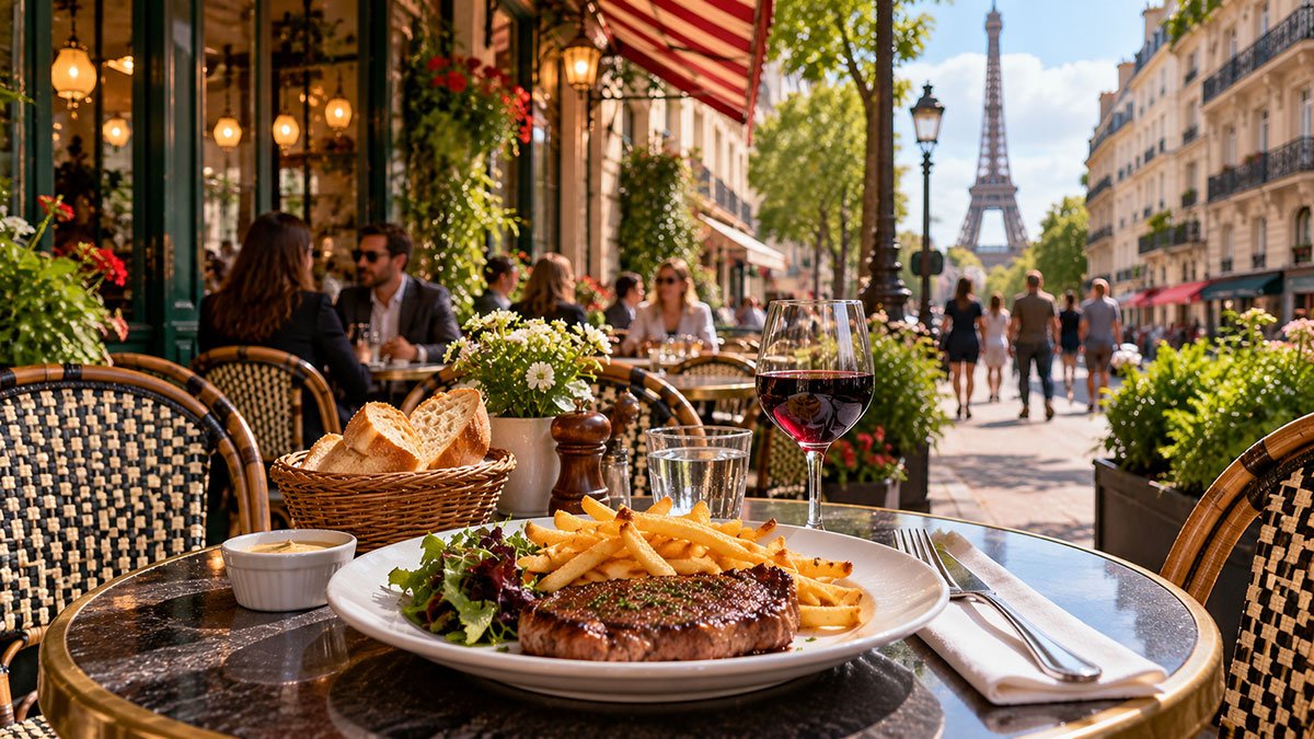 Steak-frites served at a Parisian bistro terrace overlooking a historic street with classic French architecture.