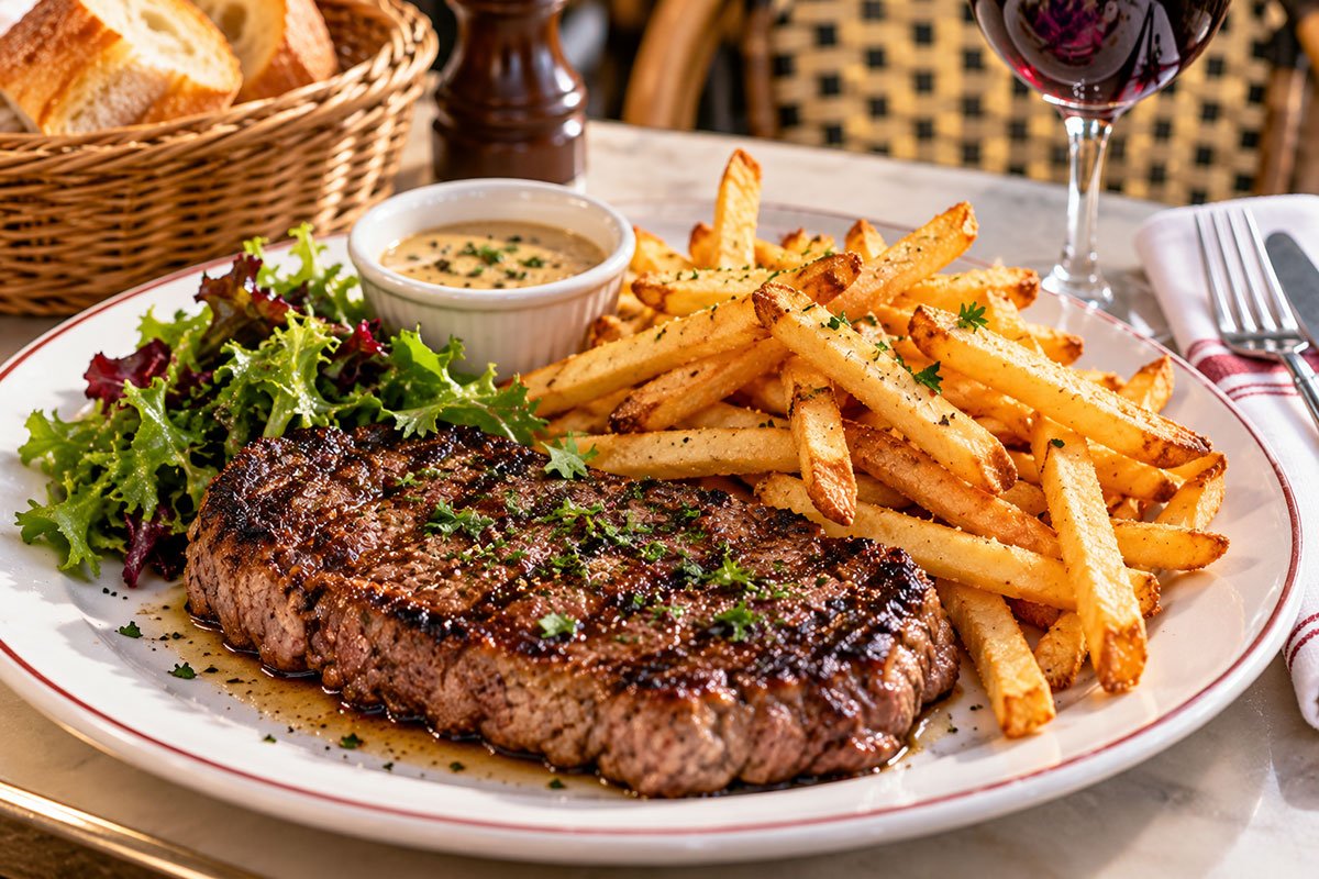 Grilled steak served with golden French fries, fresh green salad and creamy sauce at a French bistro.