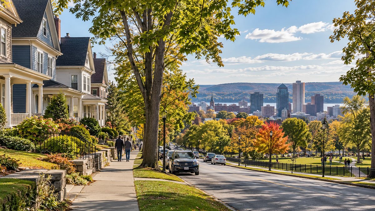 Tree-lined residential street with traditional homes, a neighbourhood park and a downtown skyline in New York State.