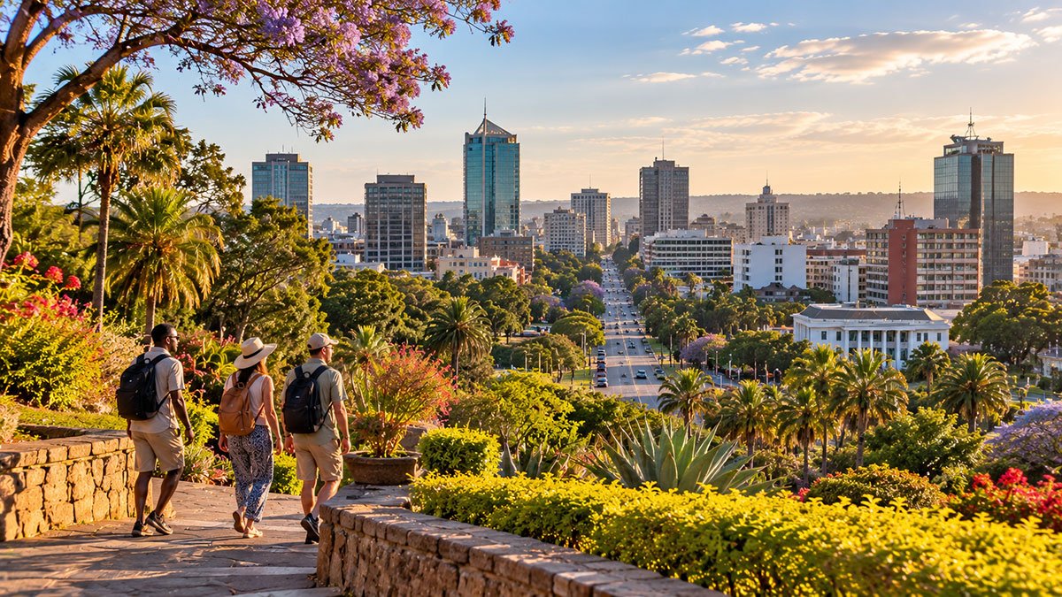 Travellers walking through a landscaped park overlooking Harare’s modern skyline and tree-lined streets at sunset.