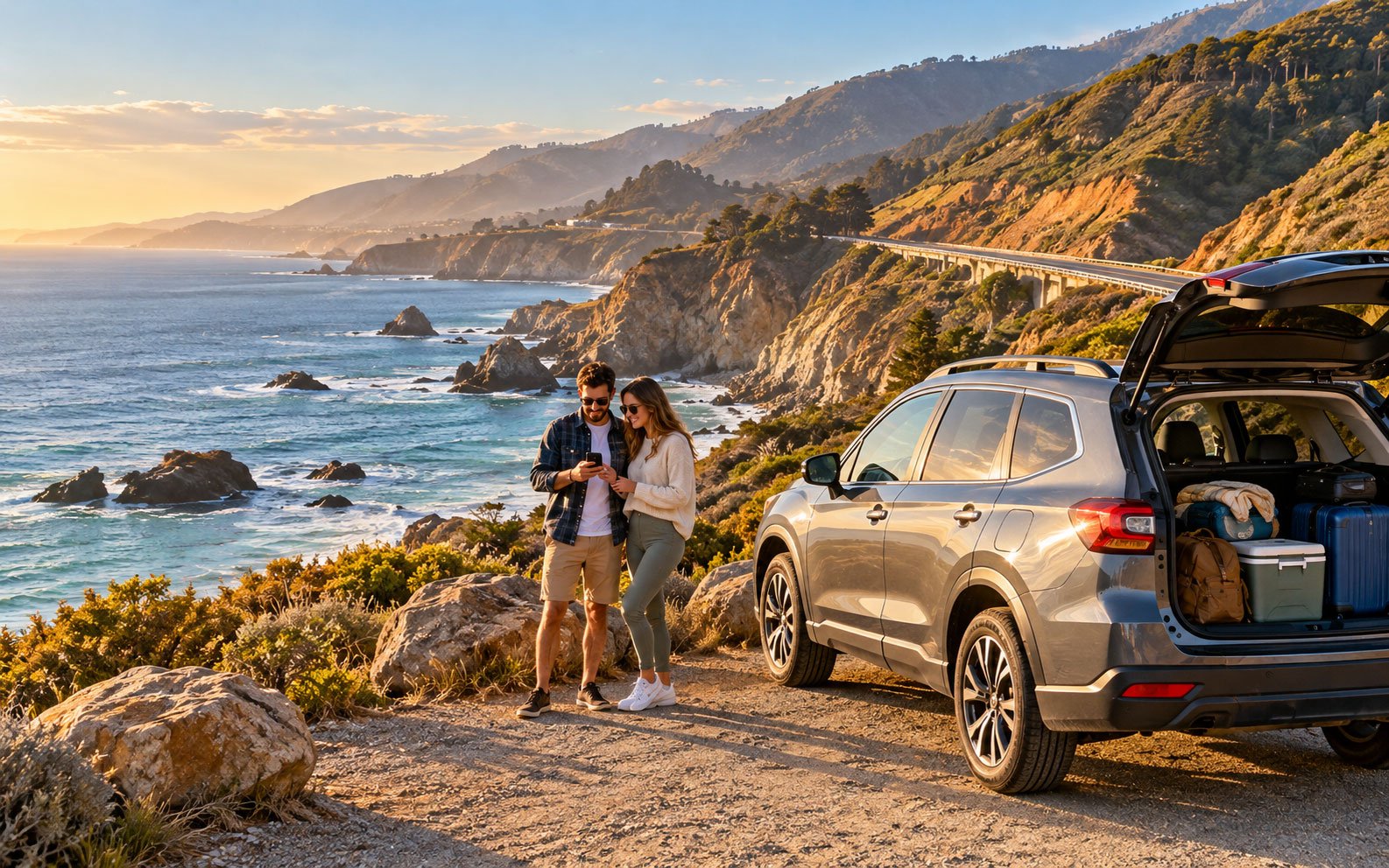Travellers planning a scenic road trip beside a modern SUV overlooking California's Pacific Coast Highway.