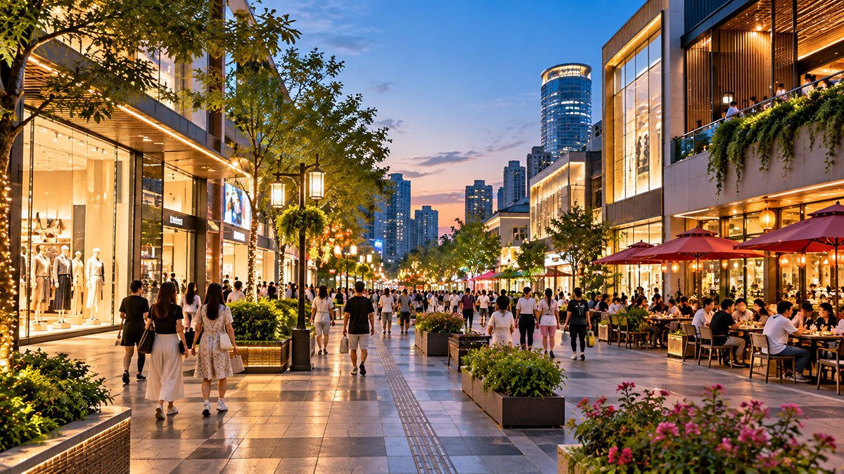 Modern pedestrian shopping street in Liuzhou, China, with illuminated storefronts, outdoor cafés and evening shoppers.
