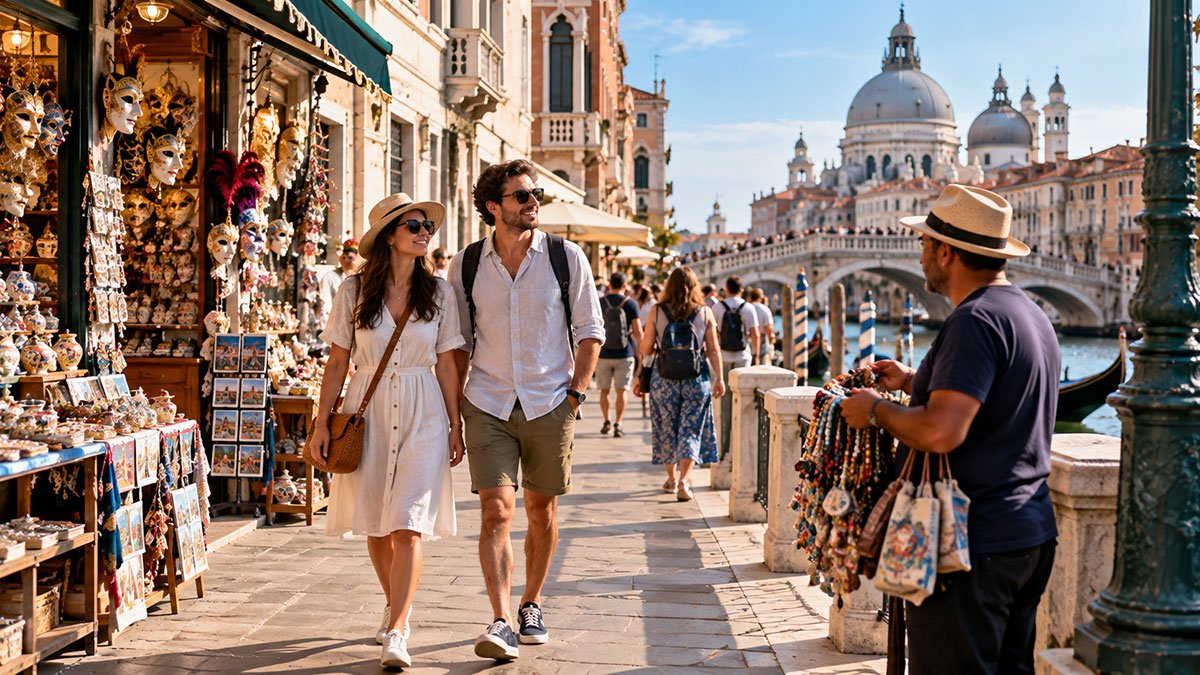 Travellers walking through a busy Venice street near an informal souvenir seller