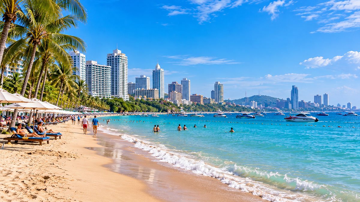 Pattaya Beach in Thailand with turquoise Gulf of Thailand waters, sandy shoreline, palm trees and oceanfront hotels in the distance.
