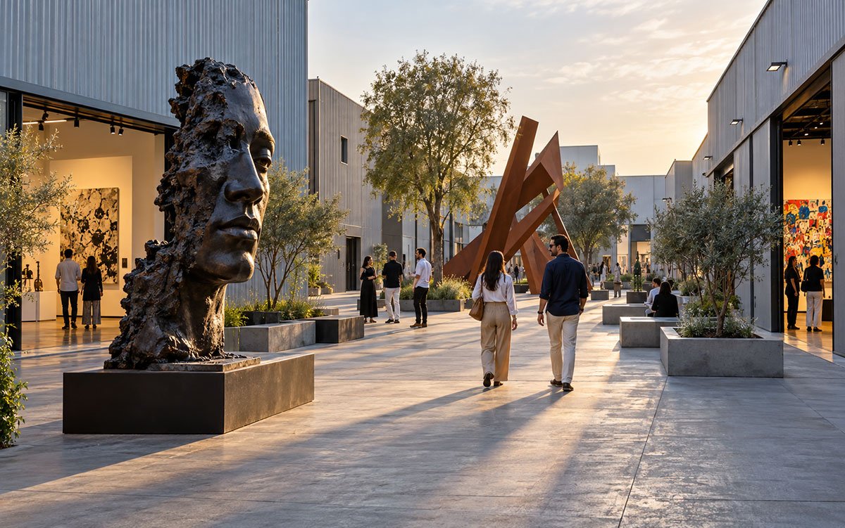 Visitors exploring contemporary sculptures and art galleries in an industrial-style courtyard inspired by Alserkal Avenue in Dubai