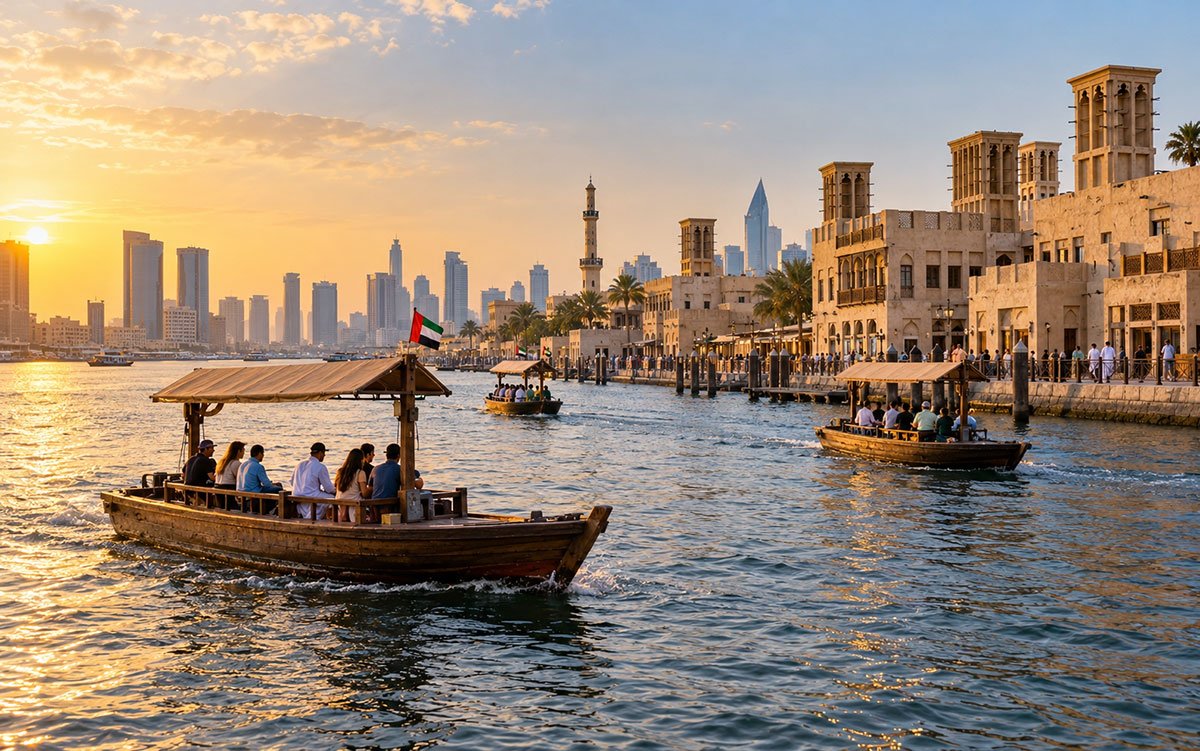Traditional wooden abra boats crossing Dubai Creek beside historic buildings and waterfront promenades in Old Dubai