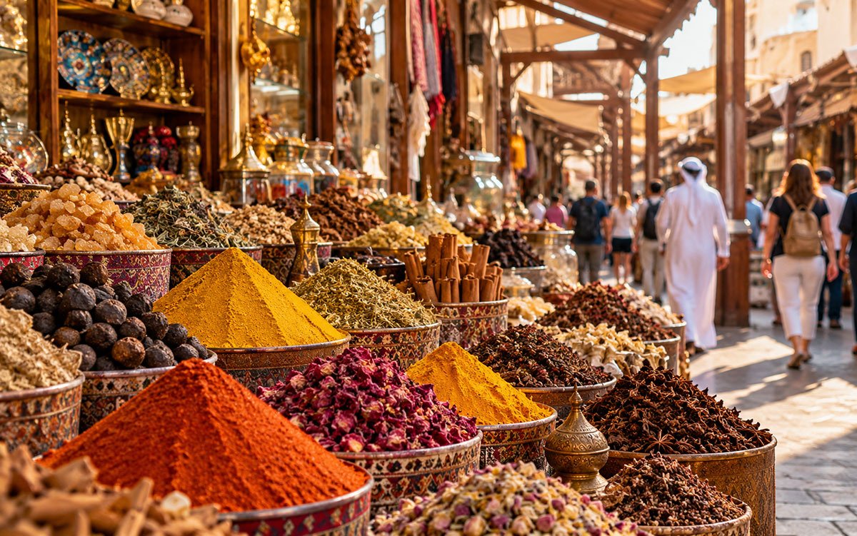 Colourful mounds of ground spices, dried herbs and traditional market products displayed at Dubai Spice Souk in Deira