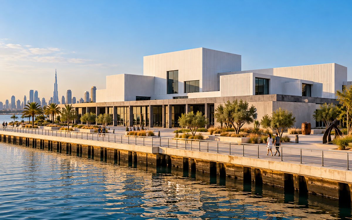 Modern white contemporary art centre beside a waterfront promenade in Dubai, with landscaped gardens and city skyline