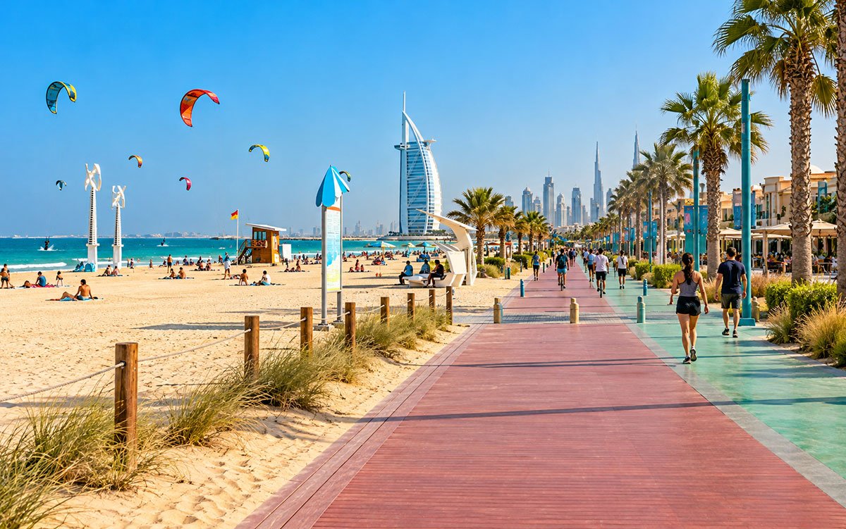 Wide sandy Kite Beach in Dubai with a waterfront walking path, palm trees and clear blue sky
