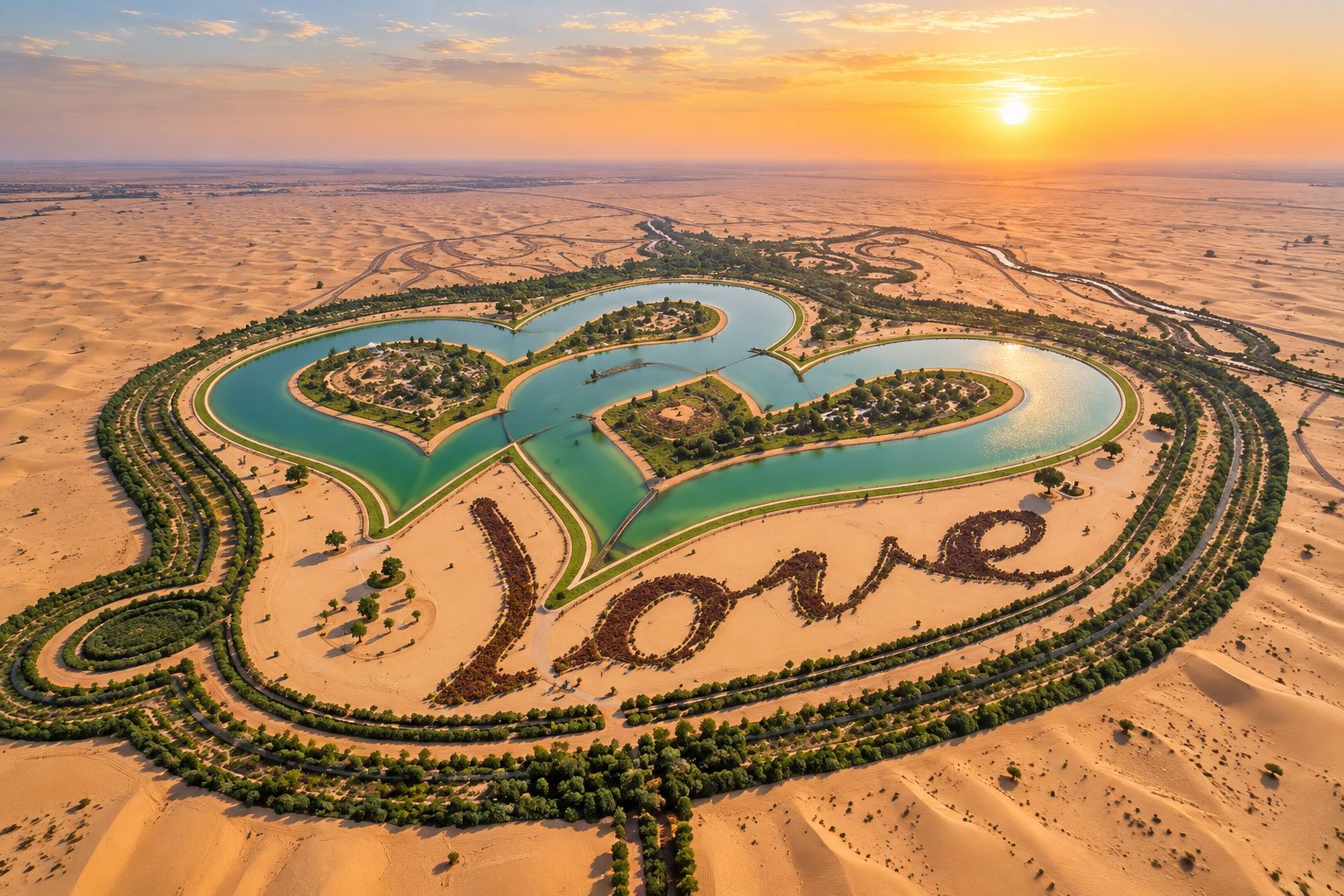 Aerial view of two interconnected heart-shaped lakes surrounded by greenery and golden desert dunes at Love Lake Dubai in Al Qudra