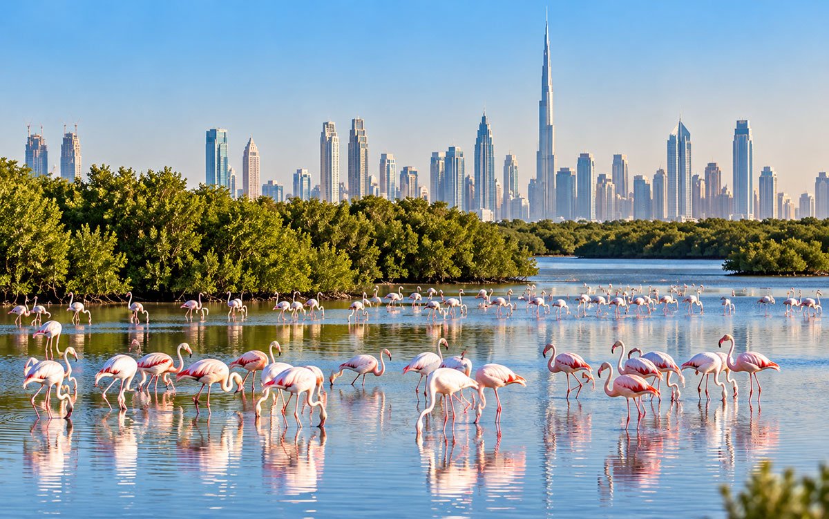 Pink flamingos wading through shallow water at Ras Al Khor Wildlife Sanctuary, with mangroves and Dubai's skyline in the background
