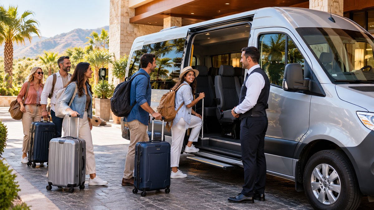 Modern minibus transporting travelers and luggage for a group holiday