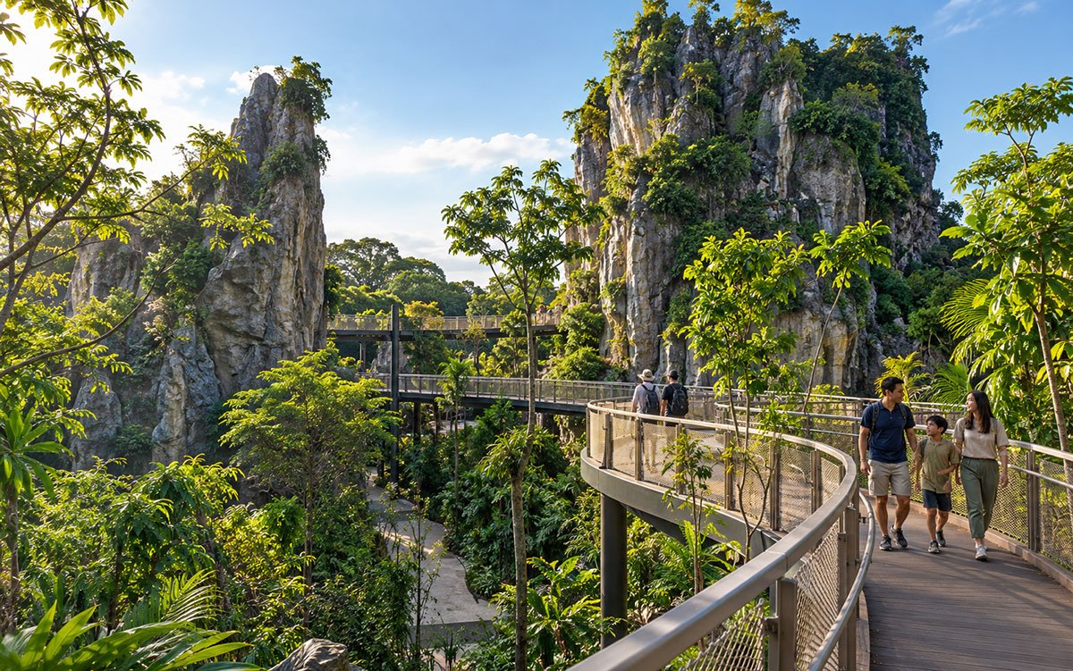Elevated rainforest walkway and limestone rock formations at Rainforest Wild Adventure Singapore.