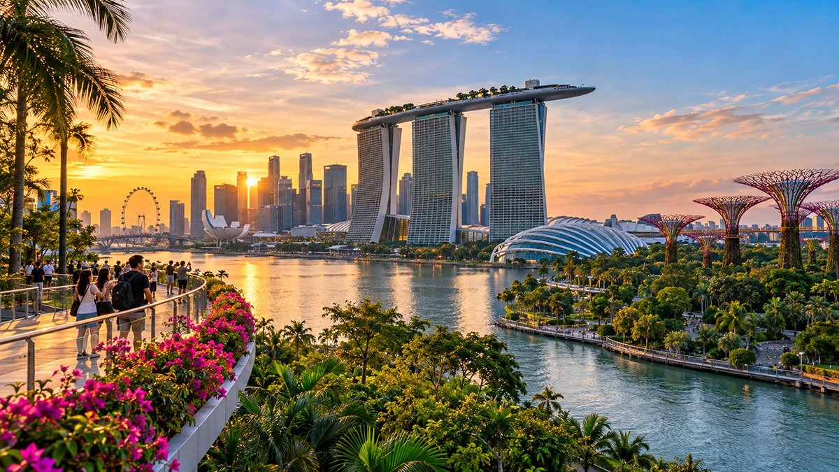 Singapore Marina Bay skyline featuring Marina Bay Sands, the Singapore Flyer and Gardens by the Bay Supertrees at sunset.