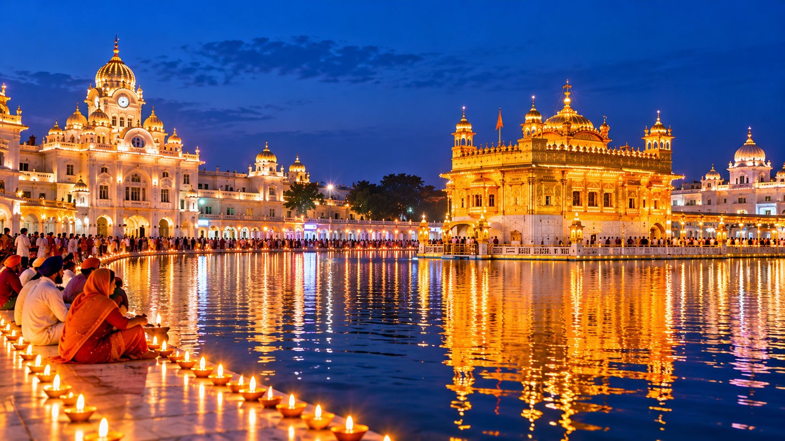 Golden Temple in Amritsar illuminated at twilight, reflected in the sacred pool during the festive season.