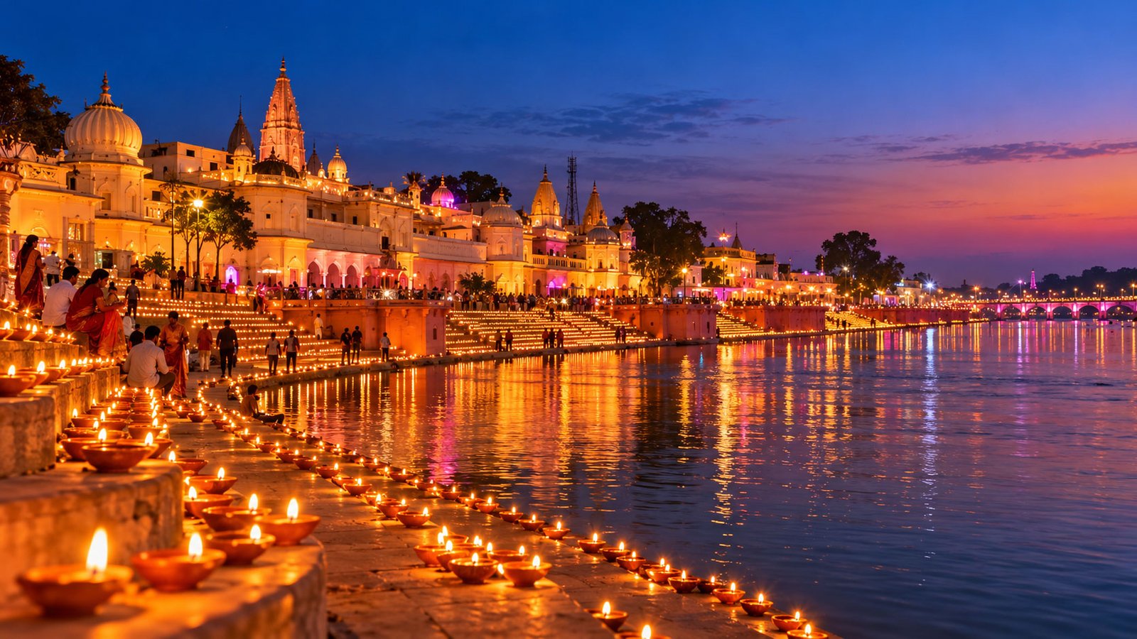 Illustrative riverfront scene inspired by Ayodhya's Deepotsav, with glowing diyas and reflections on the water.