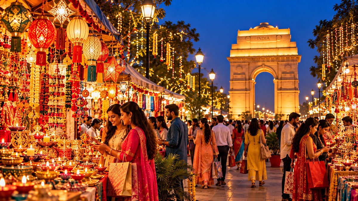 Festive Diwali shopping market in Delhi with colourful decorations, glowing diyas and shoppers near India Gate.
