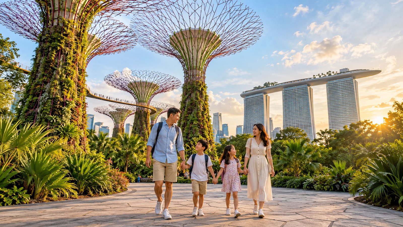 Family of four walking among the Supertrees at Gardens by the Bay in Singapore, with Marina Bay Sands in the background.